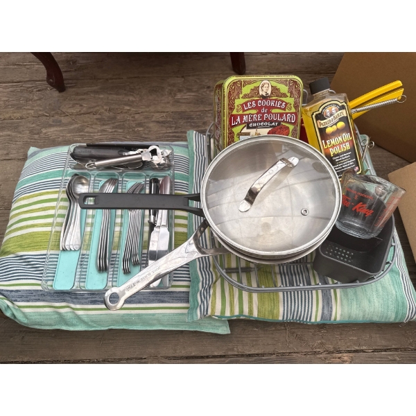 Silverware & Kitchen Goodies Bundle w/ Frying Pan & Measuring Pyrex Cup