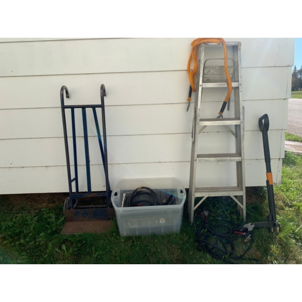 Misc Tool lot, tow rope, ladder, booster cables and dolly