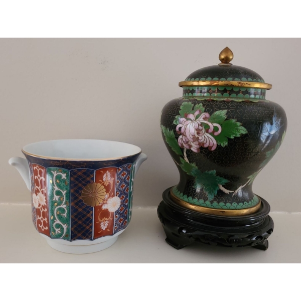 Vintage Oriental Urn w/ Lid & Stand (8T) Plus Lovely Hand Decorated Dish By Takahashi San Fran. 