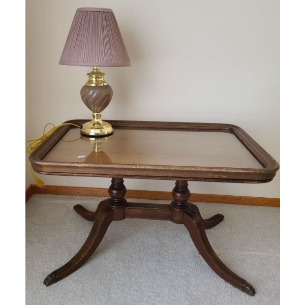 Wooden Side Table w/ Lovely Vintage Lamp - Table is 28W, 18D, 17T 