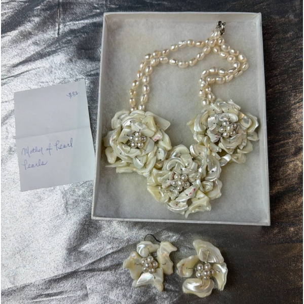 Incredible Handcrafted Mother-of-Pearl Floral Necklace and Earrings Set