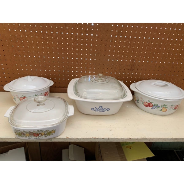 Set of Vintage CorningWare Casserole dishes , Blue Cornflower and Spice of Life La Marjolaine patter