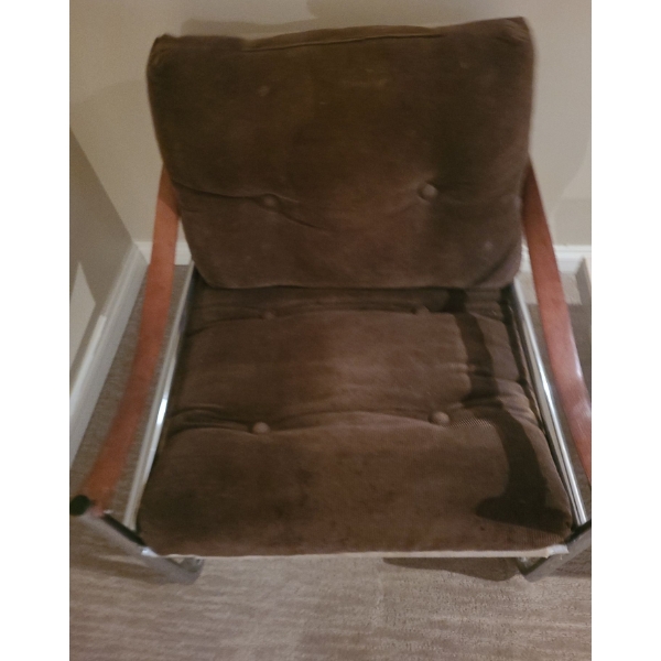 Two Vintage Chrome Chairs w/ Corduroy Upholstery and Leather Arm Straps 27 W, 29 D, 26.5 T 