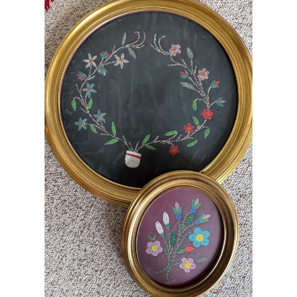Two Needlepoint Floral Pieces In Gold Gilt Round Frames 14T