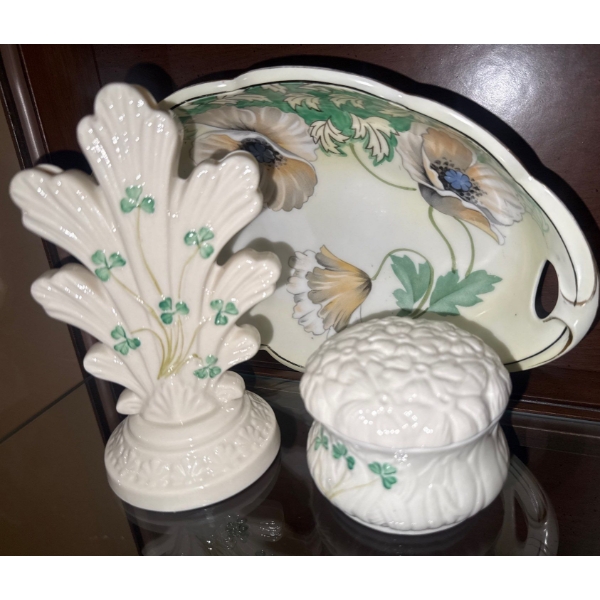 RARE Vintage Belleek Ireland Porcelain Triple Flower Vase 8" w/ Trinket Box & More