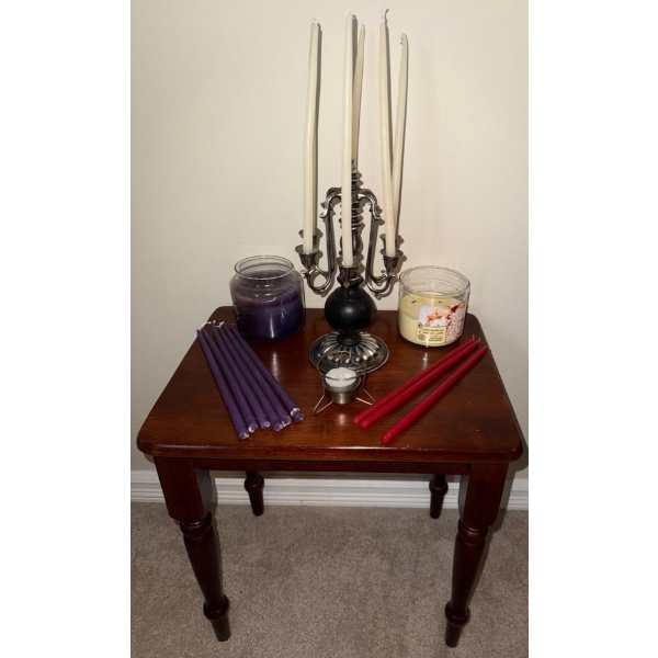Mahogany End Table w/ Brushed Nickel Candelabra & Assorted Wax Refills 17x18x13