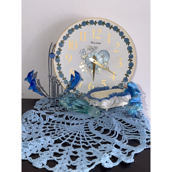 Decorative Dolphin Figurines, Clock, and Tray