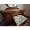 Image 3 : antique wood make up vanity with mirror and Cross-stitch Peacock on stool. 42 “ wide 30” height 18” 