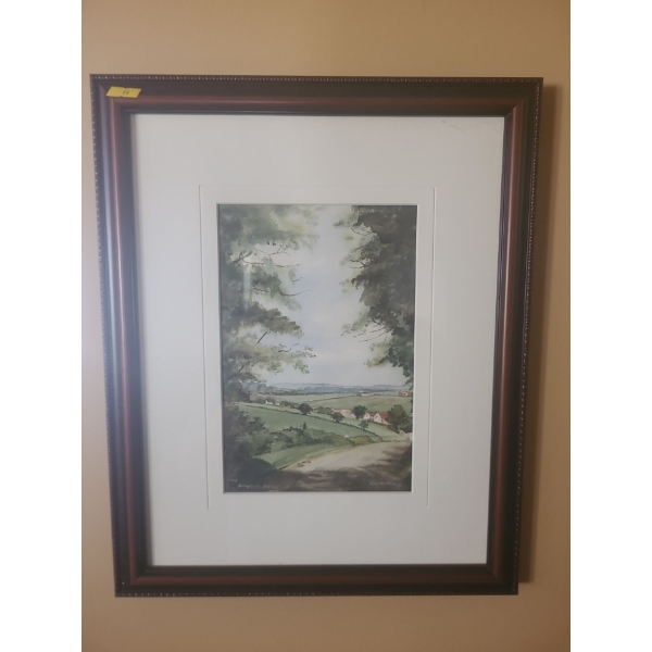 Countryside Scene Watercolor Framed under Glass (16"L, 14"W) 