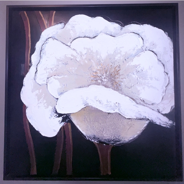Framed Floral Artwork, Black Leather Ottoman, and Pair of Black Side Tables