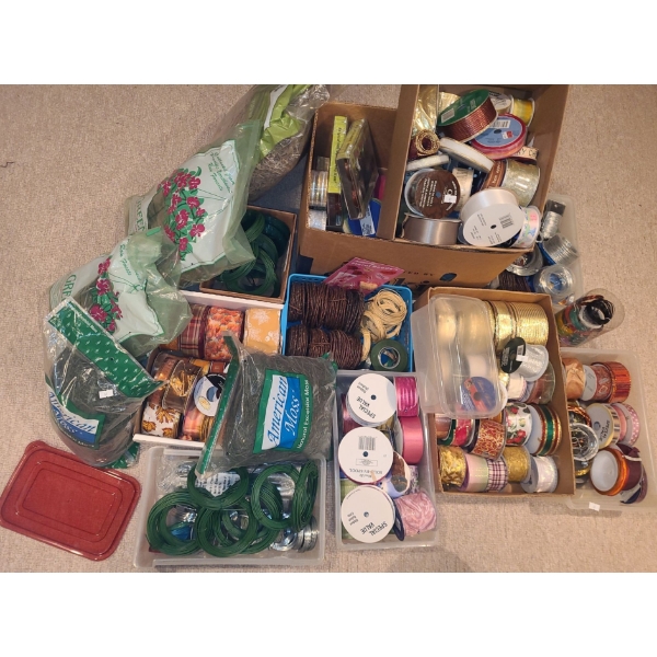 Large Assortment of Crafting: Floral Wire, Ribbon