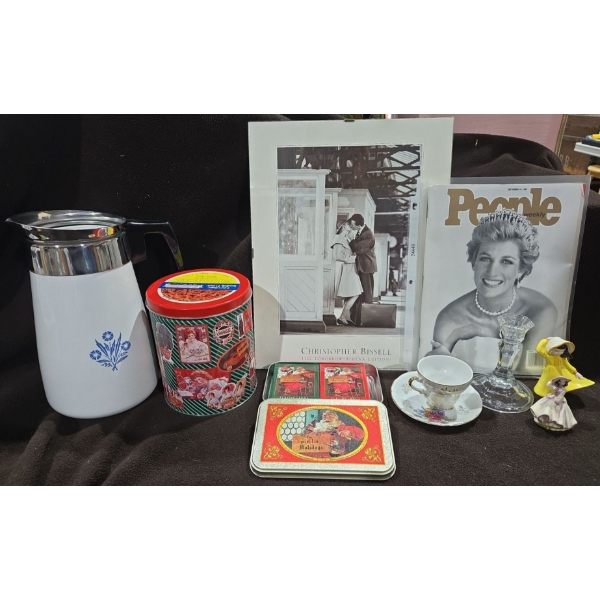  Wall Hanging, 9 Cup Corning ware Jug + Coca-Cola Collectibles, Lady Diana People's Magazine 
