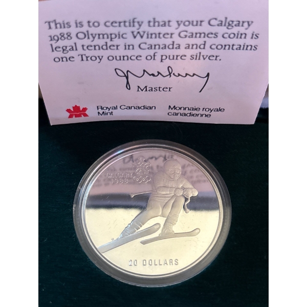 1988 $20 Calgary Olympic Winter Games: Downhill Skiing - Sterling Silver Coin