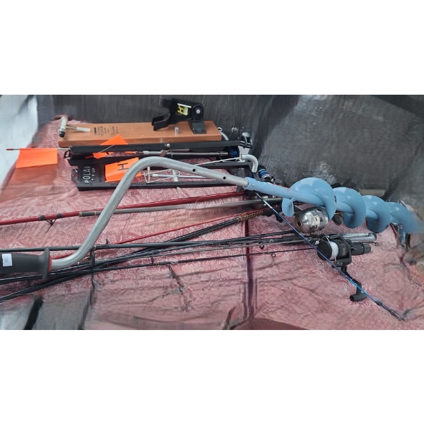 Ice Fishing Rod and Tip Ups, Ice Auger, Assorted Casting Rods and Reels