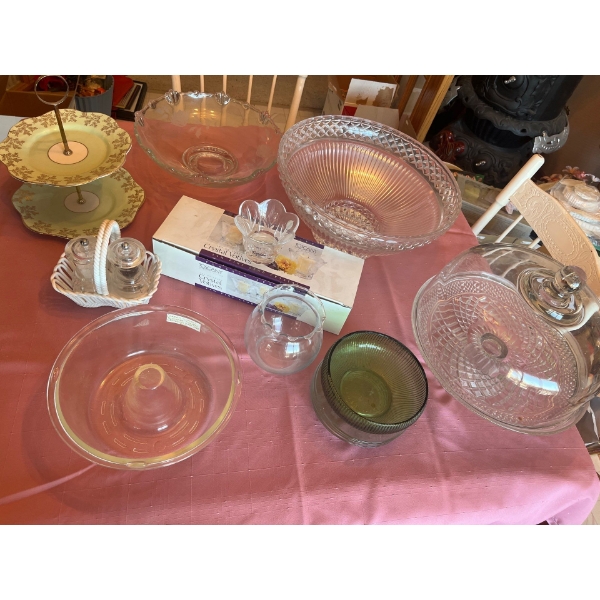 large punch bowls, serving dishes, salt, and pepper, shaker cake, bowl 2 tier mint green pastry plat
