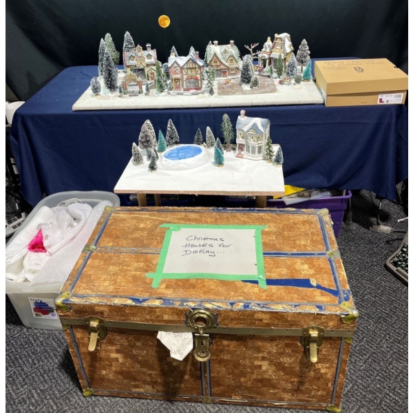 Collection of Christmas Village Display Items, Includes Table, Trunk