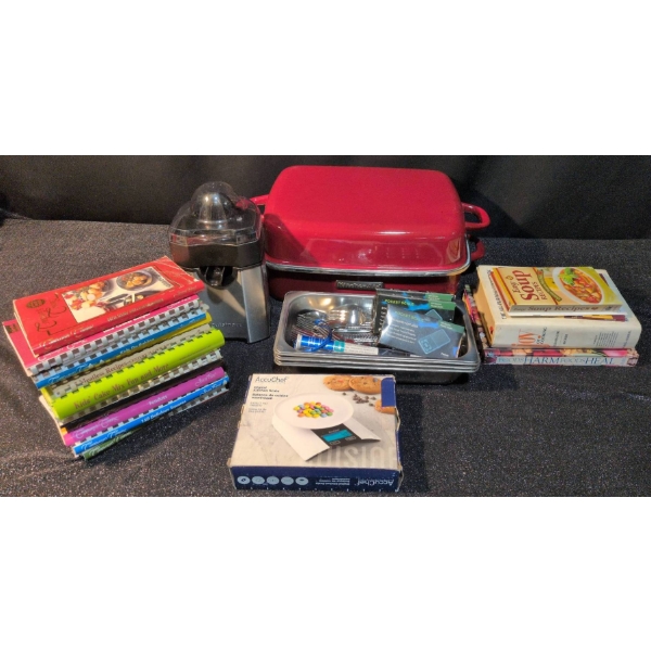 Kitchen Lot Featuring Juicer, Cookware, Cookbooks, Scales, and Cutlery