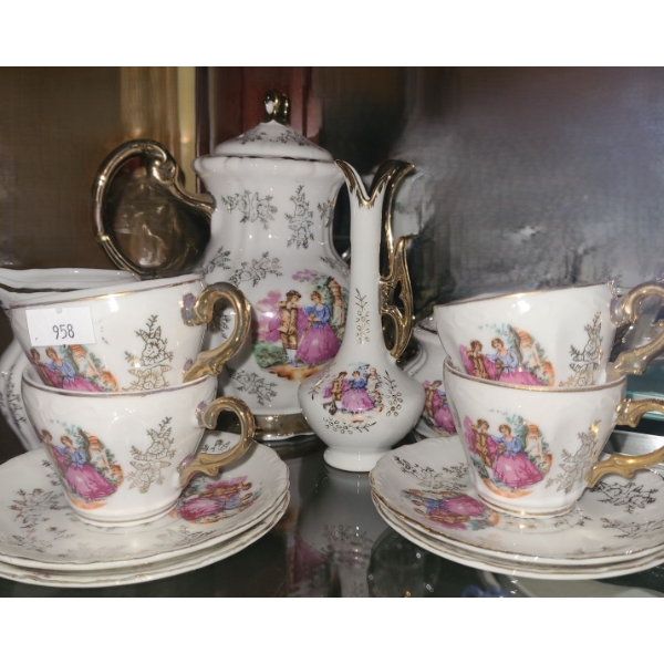 Courting Scene Tea Set Made in Japan Includes: Teapot, Cups, Saucers, Vase