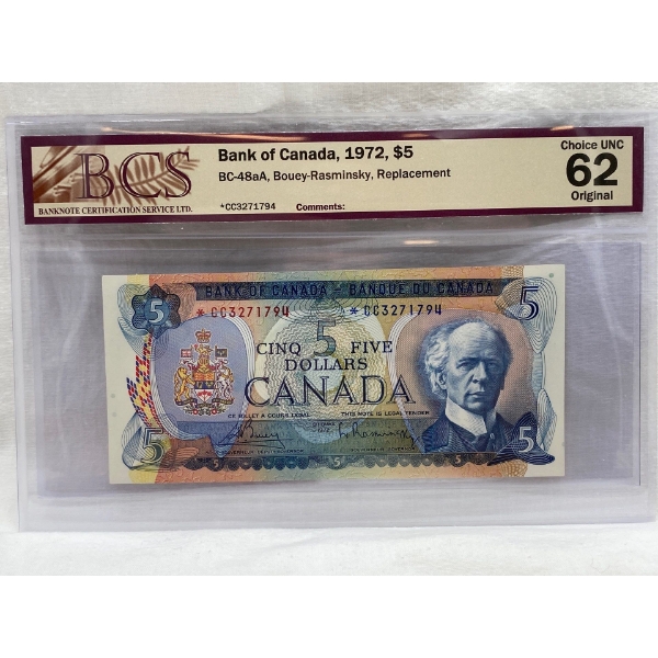 Graded Canadian 1972 $5 Choice UNC Prefix: *CC