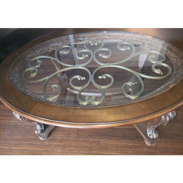 Wooden Coffee Table w/ Bevelled Glass Top and Scroll Design 48 W, 34 D, 21 T 