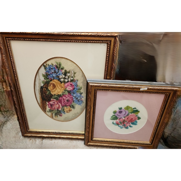 Framed Needlepoint of Flowers: 18 X 15 and 12 X 12