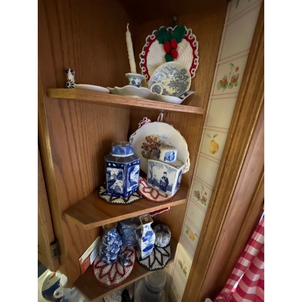 collection of white and blue Asian inspired ceramics and pottery