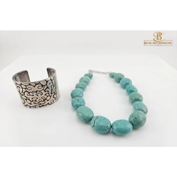 Turquoise Bead Necklace with Adjustable Chain and Sterling Silver Cuff Bracelet