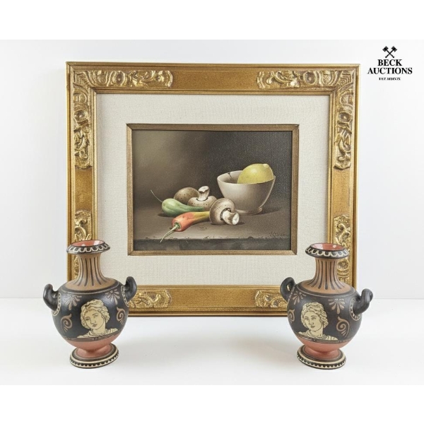 Framed Still-Life Oil Painting ,  Pair Of Greek-Style Decorative Vases, Frame Of Vintage Needlepoint