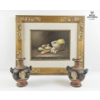 Image 1 : Framed Still-Life Oil Painting ,  Pair Of Greek-Style Decorative Vases, Frame Of Vintage Needlepoint