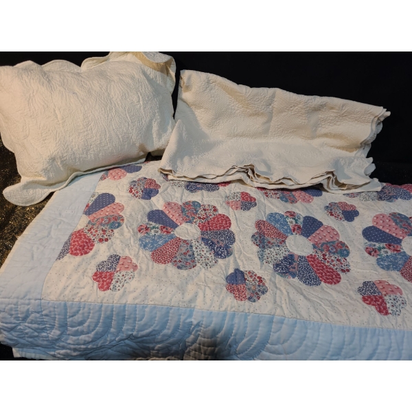 Quilt and Matelasse Style Cover w/ Pillowcases- Some Staining as Shown