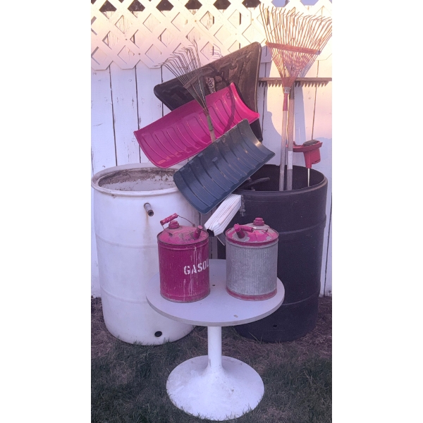 Snow Shovels, Rakes, Gasoline Cans, and Plastic Barrels