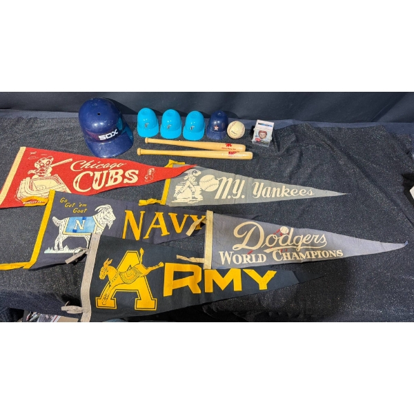 Vintage Baseball Pennants With Miniature Helmets and Bats, and Cards