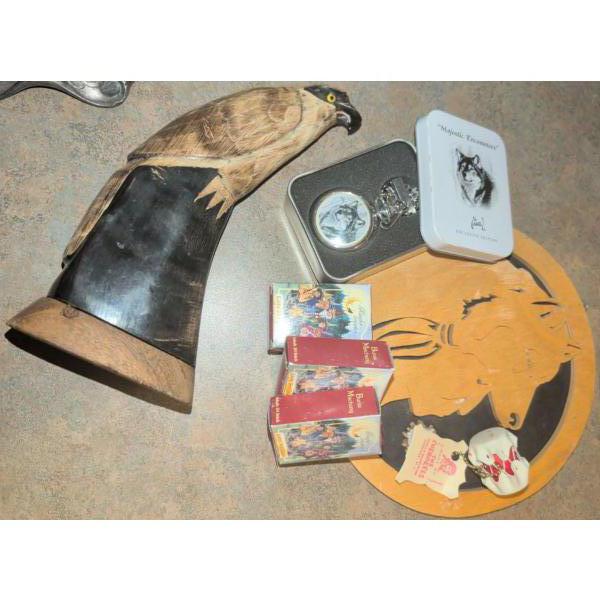 Eagle Carved From A Genuine Bison Horn Wolf Souvenir Pocket Watch Drum Keychain & More