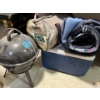 Image 1 : mini charcoal camp barbeque with two sleeping bags good to -10 and a blue Coleman cooler
