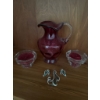 Image 2 : Ruby Red Glass Pitcher, Crystal Candle Holders, & Vintage Jewelry Set