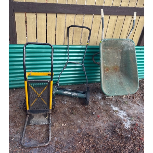 Dolly, Wheelbarrow and Yardworks Mower 