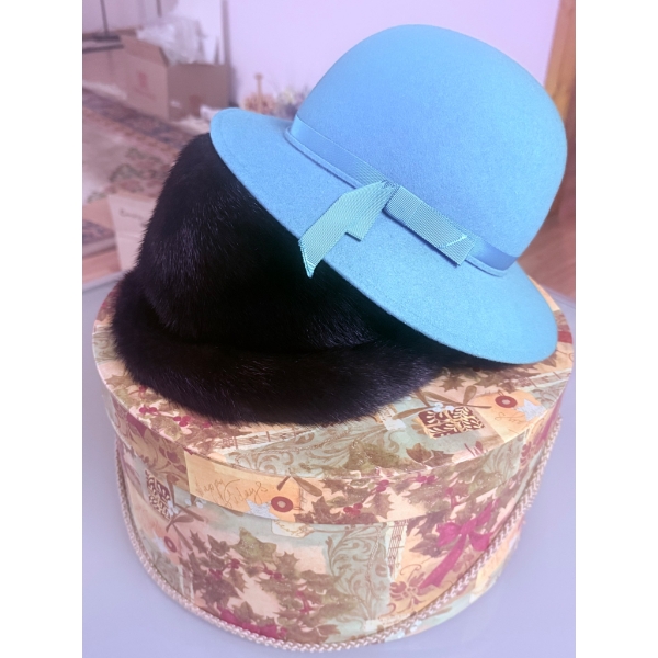 Blue Felt Hat with Ribbon and Brown Fur Hat with Decorative Floral Hatbox