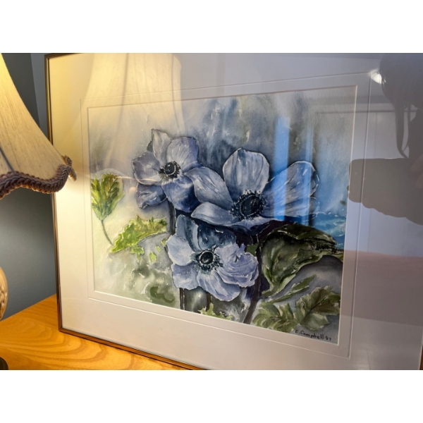  Framed “Blue Flowers” in Watercolour E.Campbell 1987 artist from Sherwood Park with Pink porcelain 