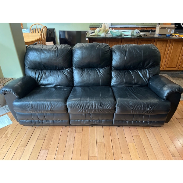 Soft Black Leather Reclining Couch In Great Condition 77"Long Depth 32" H 37" 