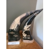 Image 1 : Pair of Beautiful Hand Carved Horns w Bird Designs.  Larger Horn 5 1/2 w, 12 h, 3 1/2 d