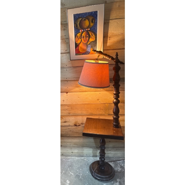 Wooden Floor Table Lamp With Integrated Shelf and Framed Wall Art