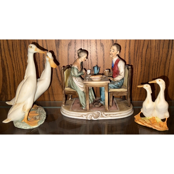 Vintage Bisque Porcelain Figurines 4T - Geese w/ Couple Dining