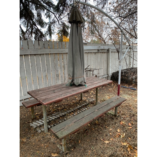 Metal & Wooden Outdoor Table (Rusting) w/ Umbrella 