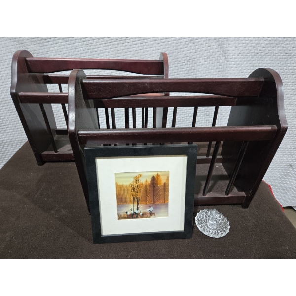 Pair of Wooden Magazine Holders, Crystal Ashtray + Small Framed Thread Artwork