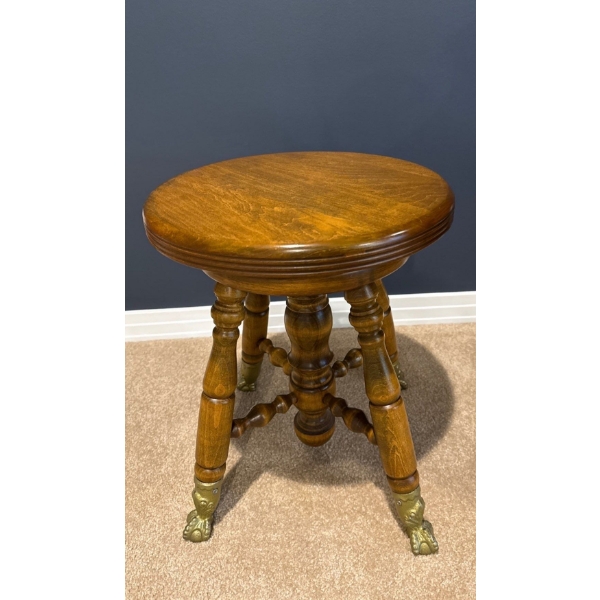 Heavy Solid Wood Stool w/ Brass Clawed Feet - 17T 