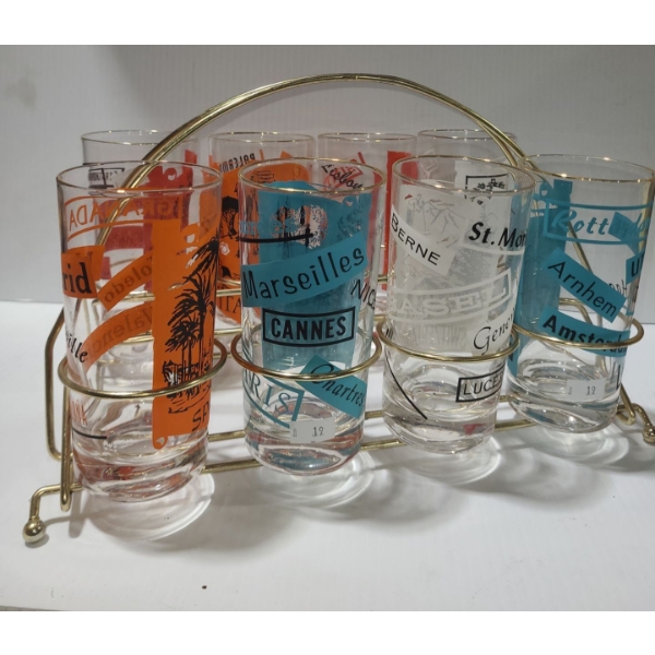 Vintage Glass Display/ Carrier w/ Eight World City Glasses- Carrier: 13 W, 7 D, 8 T 