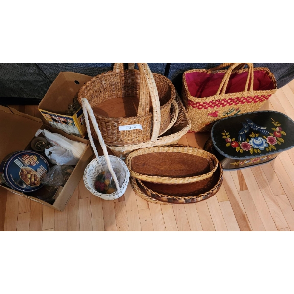 Baskets, Painted Wooden Box, Bottles, and Friut Tablecloth Weights