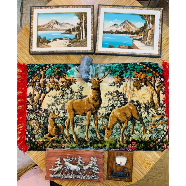 Rustic Wildlife Lot with Art, Bear Figurine, and Tapestry