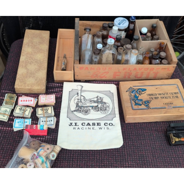 Lot: Old Bottles, Ephemera, Razors, Wooden Spools