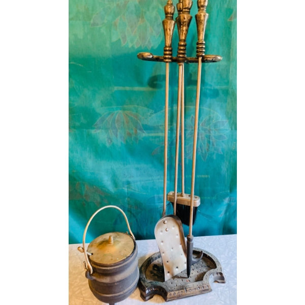 Vintage Cast Iron Fireplace tool collection with cast iron pot 